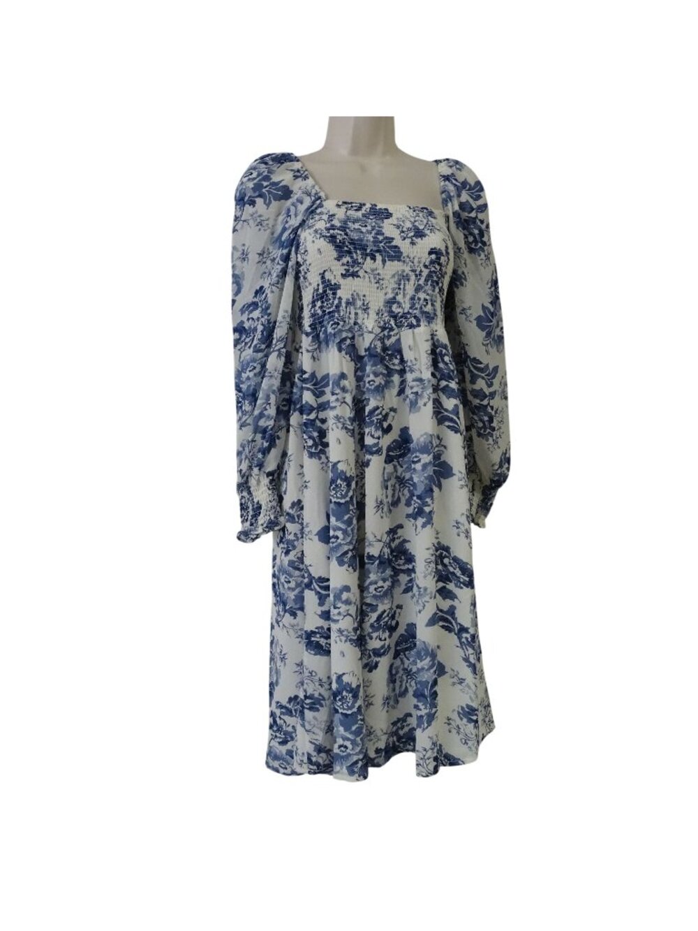 OPT Blue Floral Long Sleeve Smocked Dress Women Size XS Cottagecore Peasant